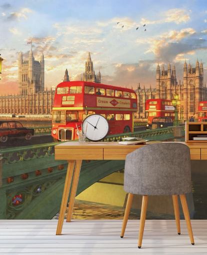 red buses on bridge by houses of parliament mural