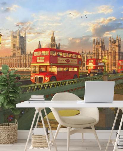 rode bussen op brug door huis van parlementsmuurschildering