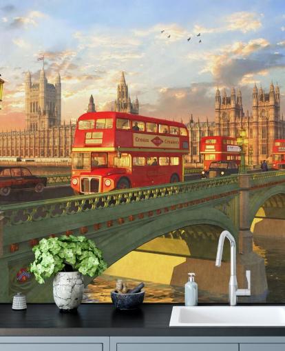 red buses on bridge by houses of parliament mural