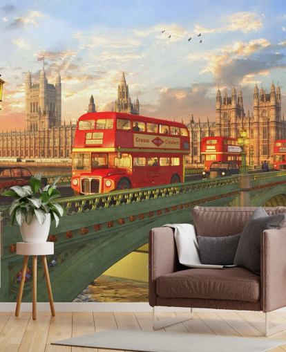 red buses on bridge by houses of parliament mural