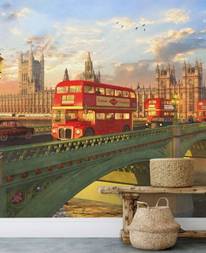 red buses on bridge by houses of parliament mural
