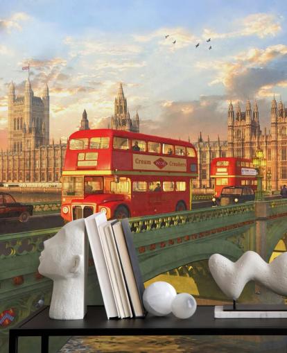 ônibus vermelhos na ponte por casas do parlamento mural