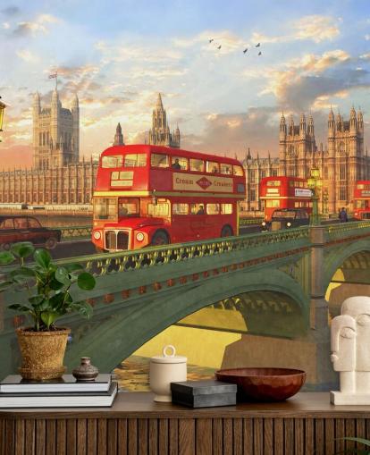 red buses on bridge by houses of parliament mural