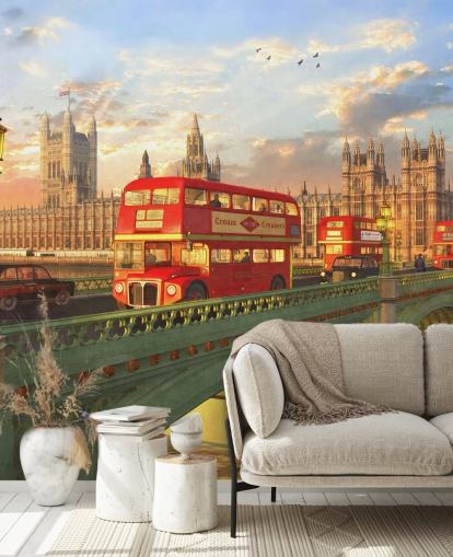 red buses on bridge by houses of parliament mural red buses on bridge by houses of parliament mural