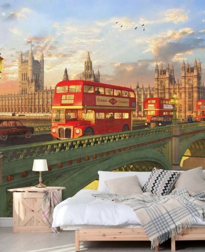 ônibus vermelhos na ponte por casas do parlamento mural