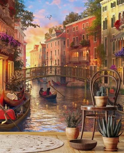 arte digital romántico del fondo de pantalla de canal y puente veneciano