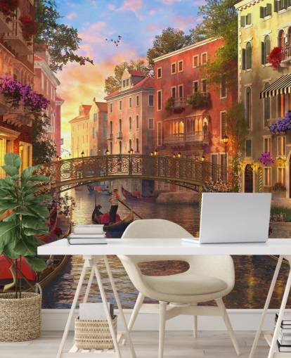 romantic digital art of venetian canal and bridge wallpaper