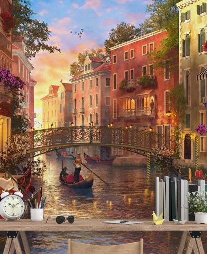 arte digital romántico del fondo de pantalla de canal y puente veneciano
