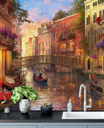 arte digital romántico del fondo de pantalla de canal y puente veneciano