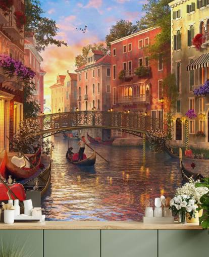 arte digital romántico del fondo de pantalla de canal y puente veneciano