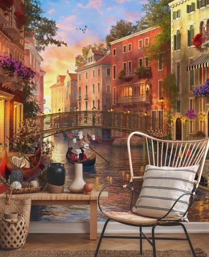 romantic digital art of venetian canal and bridge wallpaper