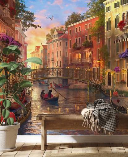 arte digital romántico del fondo de pantalla de canal y puente veneciano