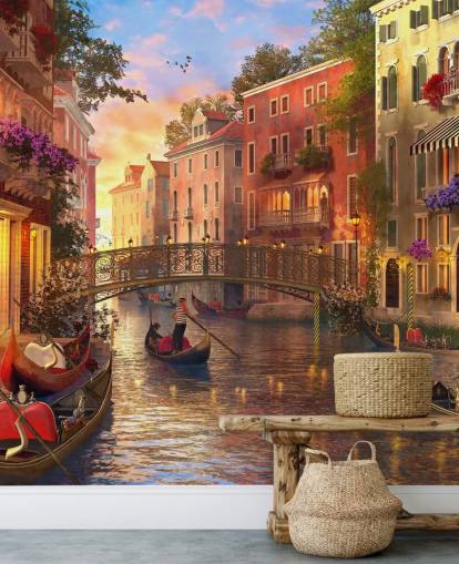 arte digital romántico del fondo de pantalla de canal y puente veneciano