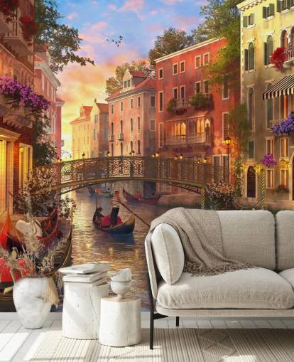 romantic digital art of venetian canal and bridge wallpaper