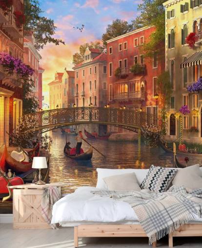 romantic digital art of venetian canal and bridge wallpaper