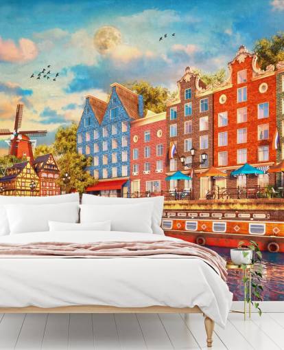 värikkäitä taloja vanha amsterdam tapetti