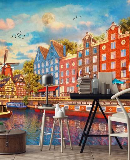 värikkäitä taloja vanha amsterdam tapetti