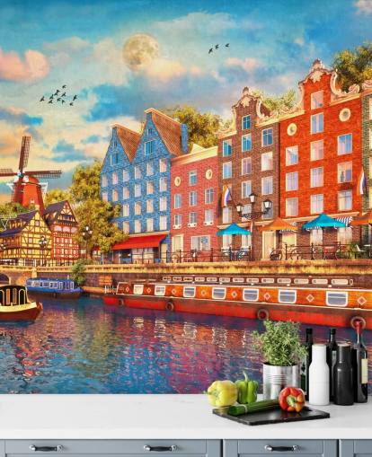 farverige huse i gamle amsterdam tapet