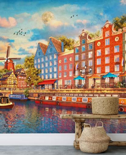 kleurrijke huizen in oud amsterdam behang