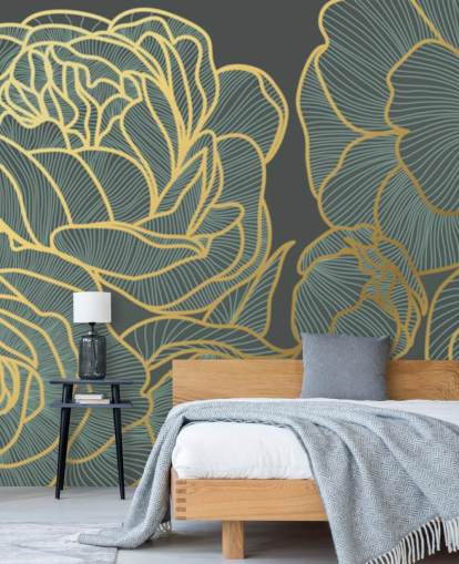 dark floral and gold lines wallpaper