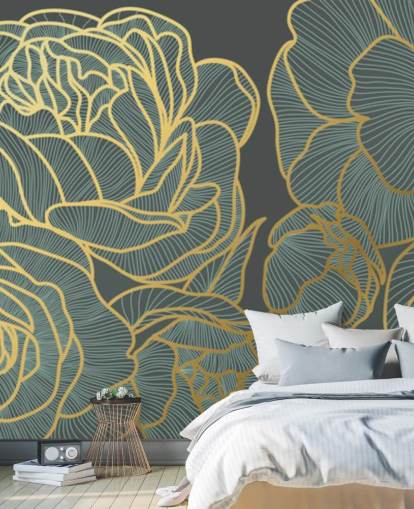 papel pintado floral oscuro y líneas doradas