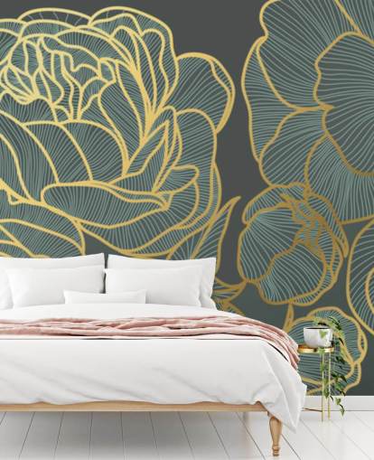 behang met donkere bloemen en gouden lijnen behang met donkere bloemen en gouden lijnen