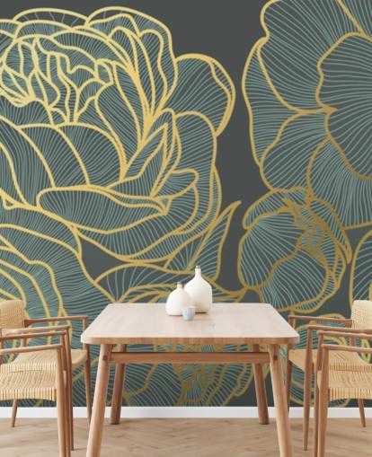 papel de parede floral escuro e linhas douradas