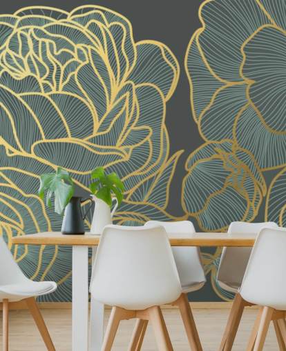 dunkle Blumen- und Goldlinien Tapete