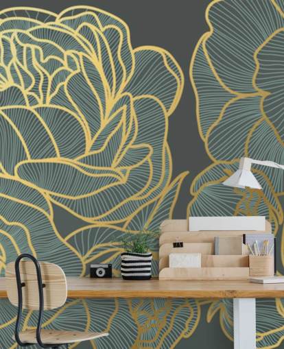dark floral and gold lines wallpaper