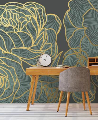 dark floral and gold lines wallpaper