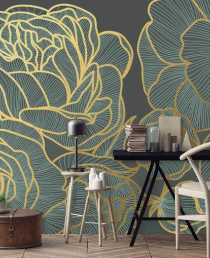 dunkle Blumen- und Goldlinien Tapete