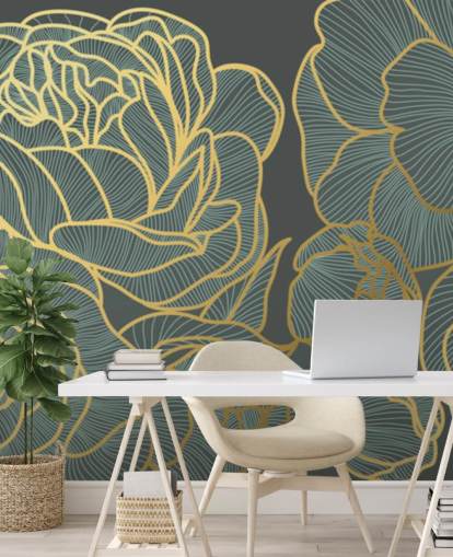 papel pintado floral oscuro y líneas doradas