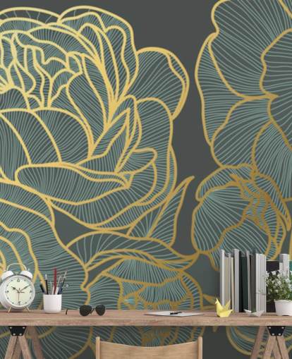papel pintado floral oscuro y líneas doradas