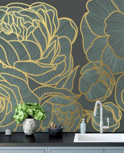 behang met donkere bloemen en gouden lijnen behang met donkere bloemen en gouden lijnen