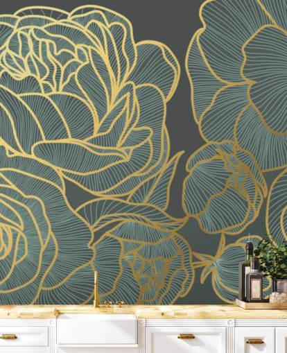 dunkle Blumen- und Goldlinien Tapete dunkle Blumen- und Goldlinien Tapete