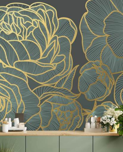 papel pintado floral oscuro y líneas doradas