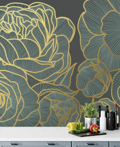 papel pintado floral oscuro y líneas doradas