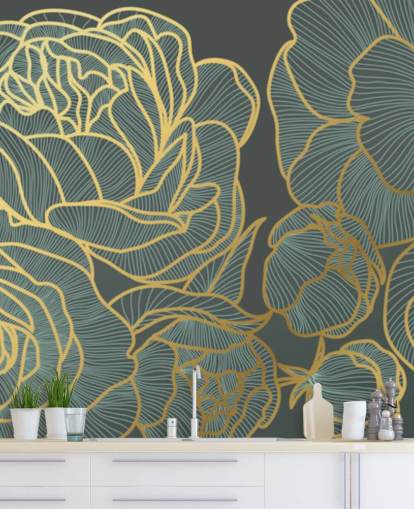 dark floral and gold lines wallpaper