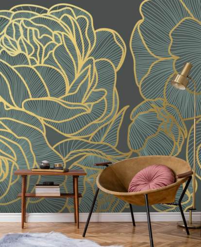 mørke blomster og guld linjer tapet