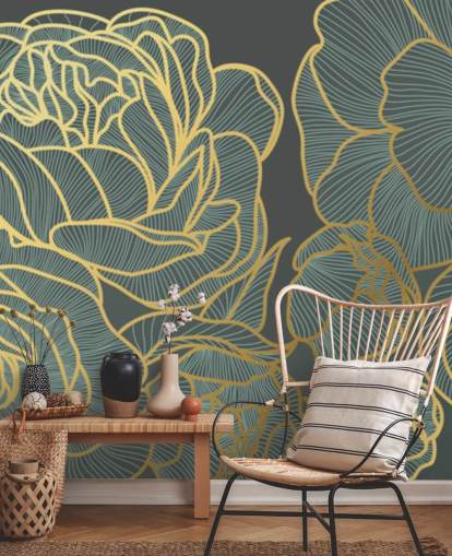 dark floral and gold lines wallpaper