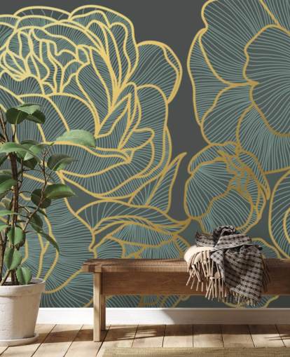 dark floral and gold lines wallpaper