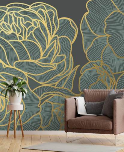 papel pintado floral oscuro y líneas doradas