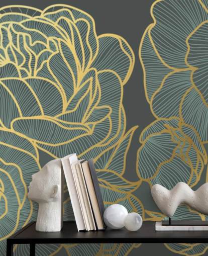 papier peint floral foncé et lignes dorées