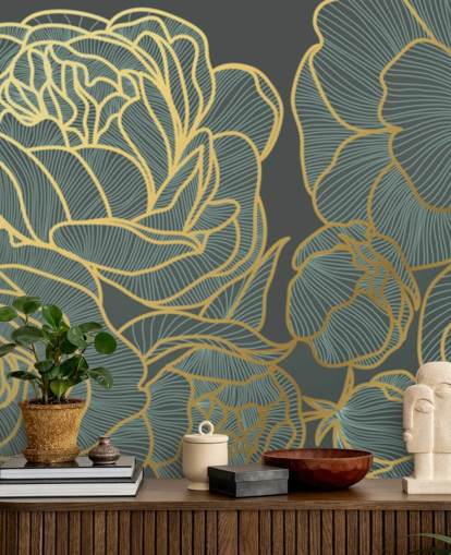 dark floral and gold lines wallpaper