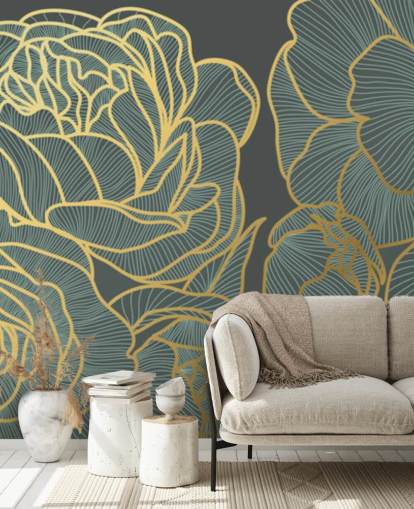 dark floral and gold lines wallpaper
