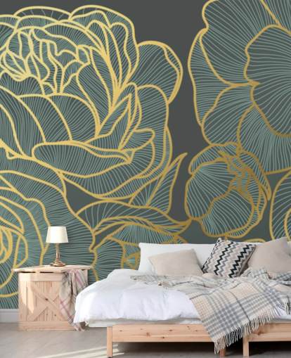 dunkle Blumen- und Goldlinien Tapete