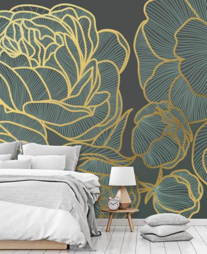 dunkle Blumen- und Goldlinien Tapete dunkle Blumen- und Goldlinien Tapete