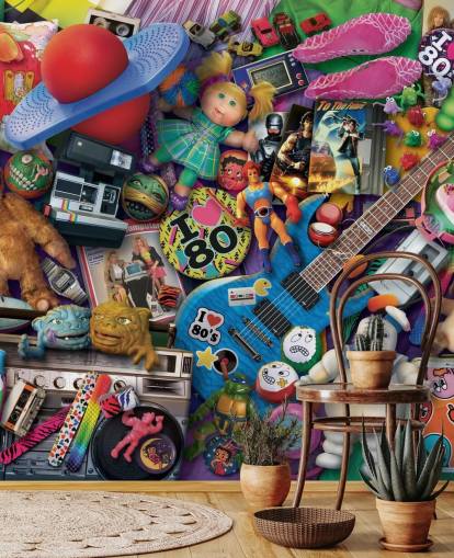 papel pintado colorido de los 80 juguetes y artículos icónicos