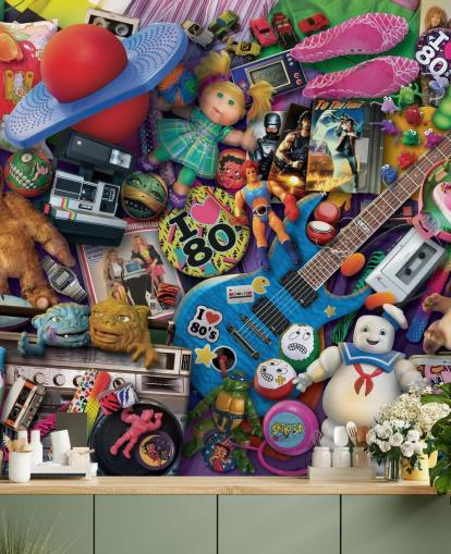 kleurrijk speelgoed uit de jaren 80 en iconische items behang