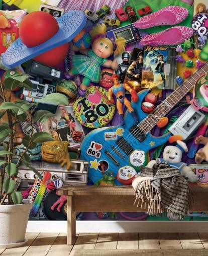 papier peint coloré jouets et objets emblématiques des années 80